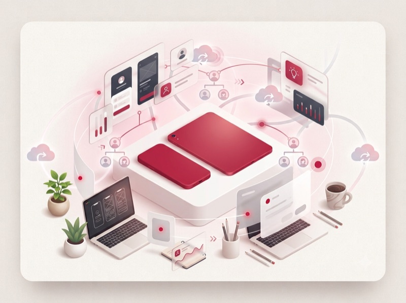 Khoakaka studio — connected apps across phone, tablet, and laptop